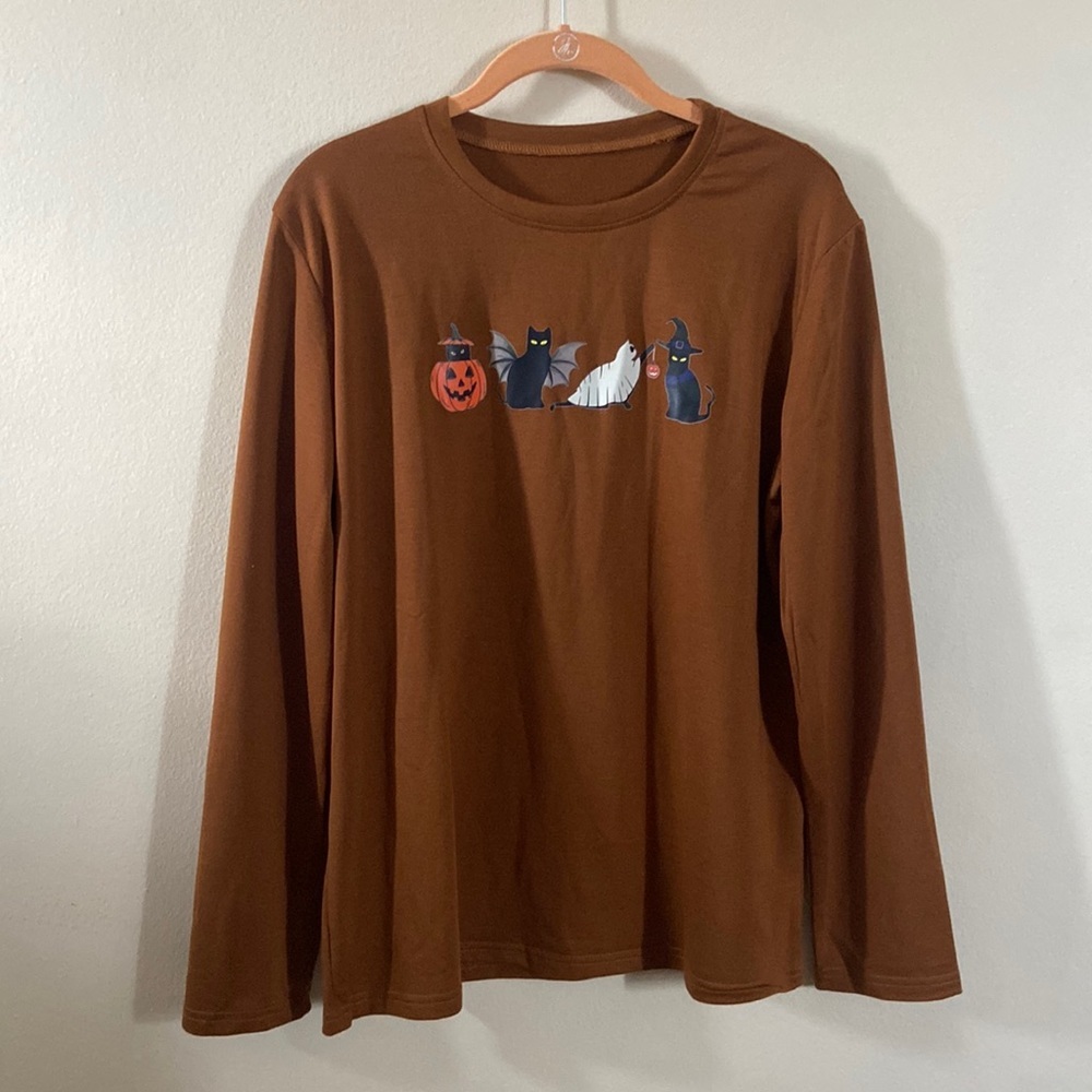 Halloween Black Cat Graphic Tee Large Brown Long Sleeve Pumpkin Ghost Witch